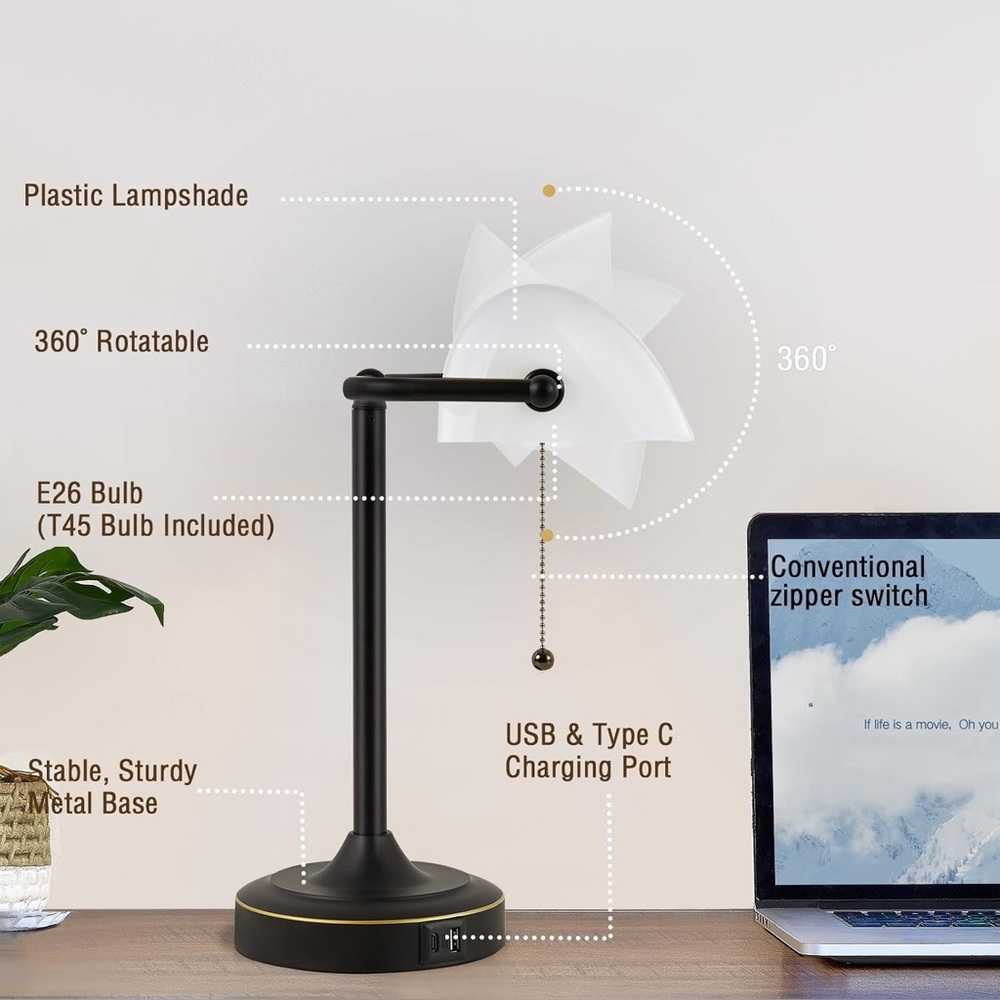 Black‎ Bankers Desk Lamp USB Type C LED Pull Chain New